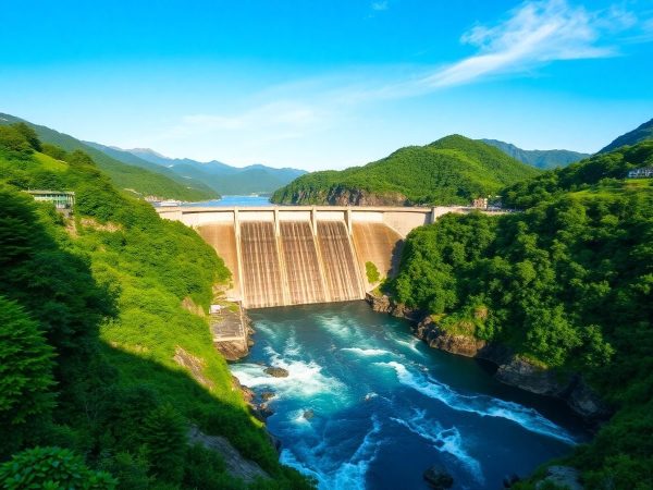 Baraj hidroenergetic în natură, simbol al energiei regenerabile.