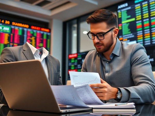 Investitor analizând acțiuni cu laptop și rapoarte financiare.