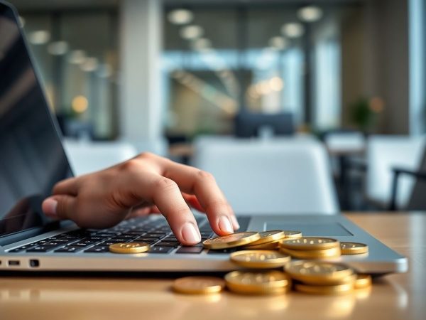 Mână, laptop, monede, bursa, succes, investiție
